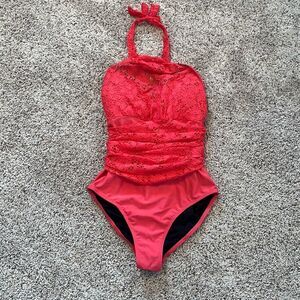 Venus Bright Coral One Piece Halter Ruched Swim Suit Size 6